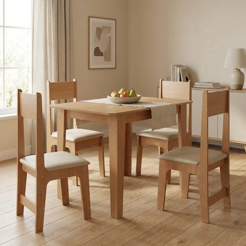 Conjunto Mesa de Jantar com 4 Cadeiras Estofadas e Tampo em MDF Mel/Bege Nicoli Delta