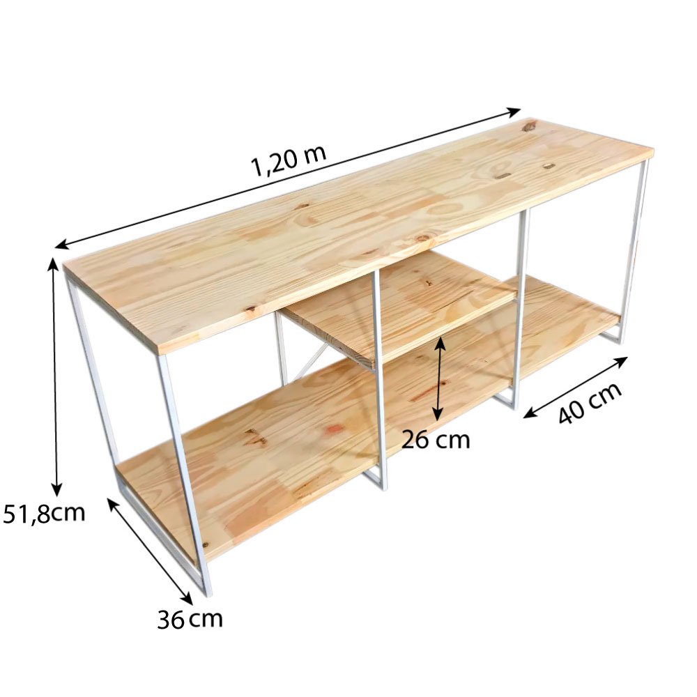 Rack de Tv Industrial de Ferro 1,20m Natural e Branco - 4