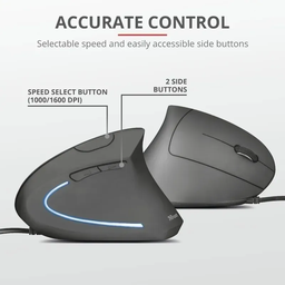 Mouse Vertical Trust Verto Ergonômico com Fio 1600dpi Preto Led Azul - 9