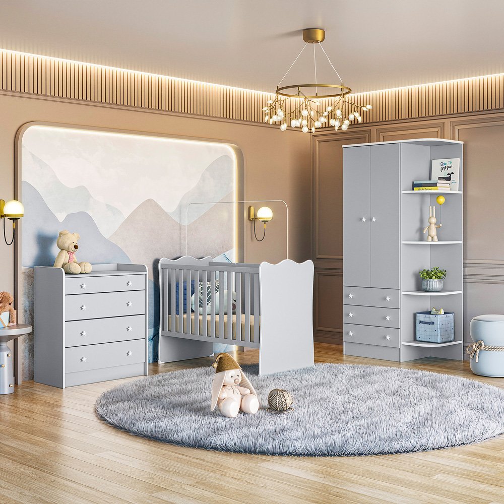 Quarto de Bebê Doce Sonho Completo Qmovi Cinza Acetinado