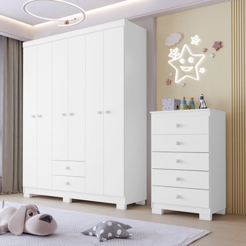Guarda Roupa 6 Portas e Cômoda 5 Gavetas Infantil Quarto Completo Baby Confort Branco