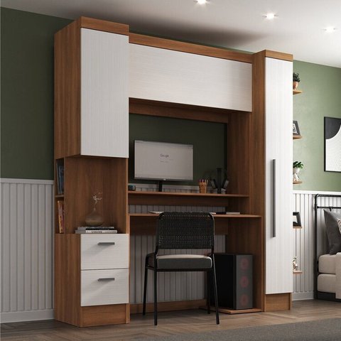 Quarto Completo com Escrivaninha Viena 3 Portas 2 Gavetas Espresso Móveis Marrom/Nogal/Branco