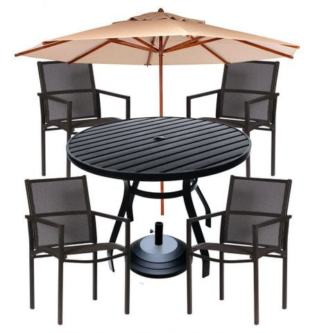 Conjunto de Mesa Ripada 1,20m + 4 Cadeiras para Piscina Jardim Resistente Sol Chuva Maresia Preto