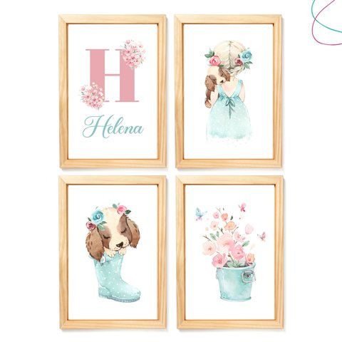Quadrinho Decorativo Quarto Menina Aquarela Flor Cachorro:pinus