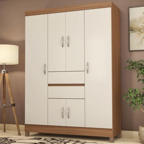 Guarda Roupa Solteiro 6 Portas e 2 Gavetas Utah Amêndola Touch-off White
