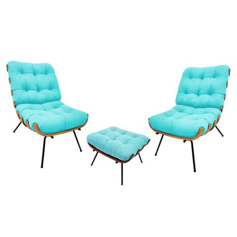 Kit 02 Poltronas e 01 Puff Costela Suede Azul Tiffany