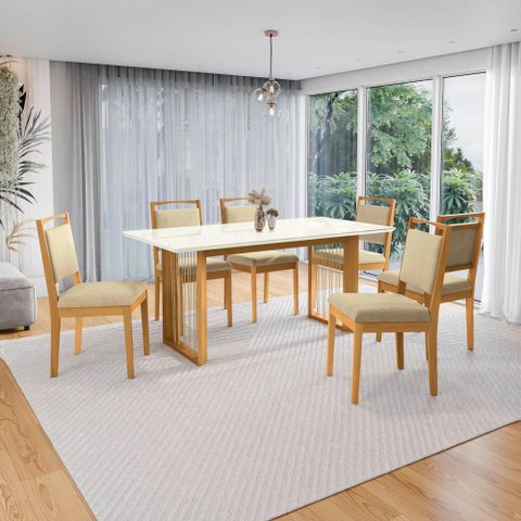 Conjunto Sala de Jantar Lina em Madeira Maciça 6 Cadeiras Boucle Bege