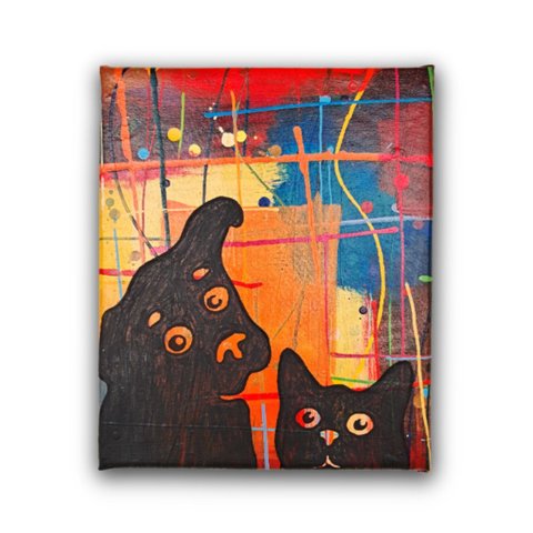 Quadro Decorativo de Cão e Gato com Fundo Abstrato Pintado Artesanalmente a Mão Medindo 25x30cm
