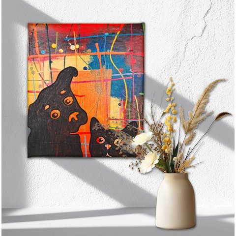Quadro Decorativo de Cão e Gato com Fundo Abstrato Pintado Artesanalmente a Mão Medindo 25x30cm