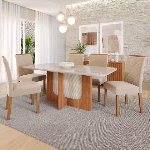 Mesa de Jantar 6 Lugares Louise Fernanda com Vidro Cinamomo/off White/nude - Cimol