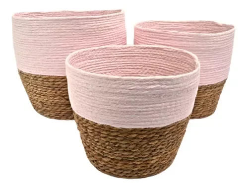 Jogo 3 Cestos Fibra Natural Algodão Rosa Organizador Multiuso