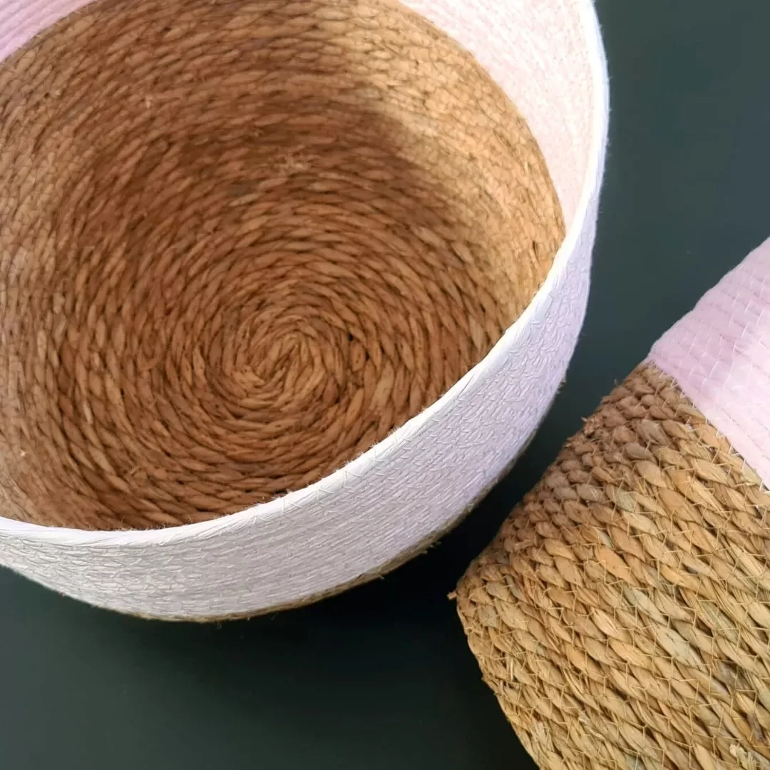 Jogo 3 Cestos Fibra Natural Algodão Rosa Organizador Multiuso - 3