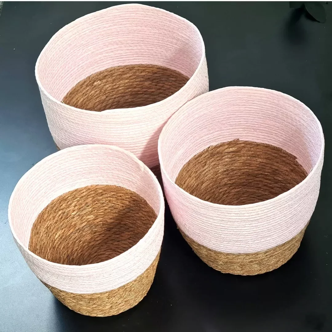 Ver imagem 2 de Jogo 3 Cestos Fibra Natural Algodão Rosa Organizador Multiuso