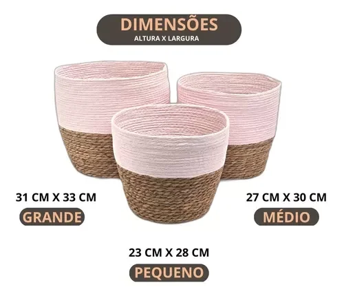 Ver imagem 7 de Jogo 3 Cestos Fibra Natural Algodão Rosa Organizador Multiuso