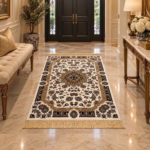Tapete Persa Royal Creme 100x150cm Fio Acetinado - Ideal para Quarto e Sala
