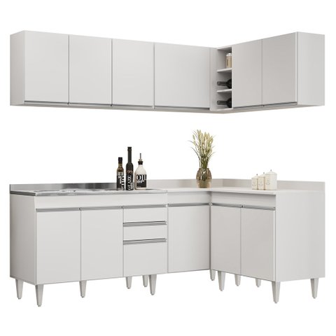 Armário de Cozinha Modulado de Canto 6 Peças Cp30 com Pia Inox Branco - Lumil Lumil Móveis