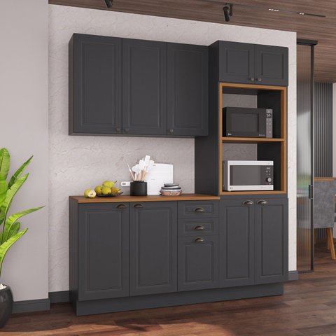 Cozinha Modulada 3 Peças 1 Torre Quente 1 Balcão com Tampo 1 Aéreo 100% MDF com Rodapé Bari
