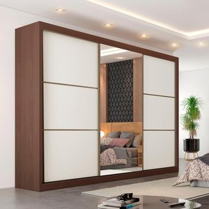 Guarda Roupa Bragança 2 Portas 1 Porta Espelhada 100% Mdf Ipê Off White - Móveis Europa