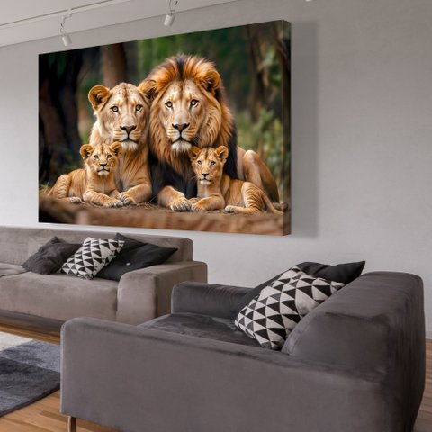 Quadro Decorativo Retrato Família Leão Leoa com Dois Filhotes Sala Quarto Casa Escritório