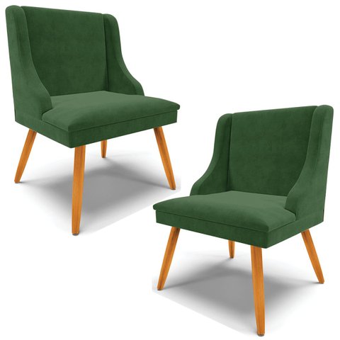 Kit 2 Poltronas Decorativas Pés Palito de Madeira Firenze Suede Verde Esmeralda/Natural - Gran Belo