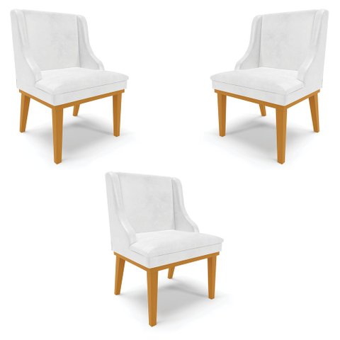 Kit 3 Cadeiras Decorativas Sala de Jantar Base Fixa de Madeira Firenze PU Branco Brilho/Castanho G19