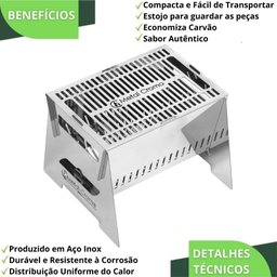 Mini Churrasqueira Grill Portatil P/camping Inox a Carvão Fs - 5