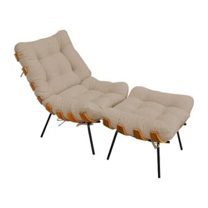 Kit Poltrona Costela de Adão com Puff - Linho Bege Claro