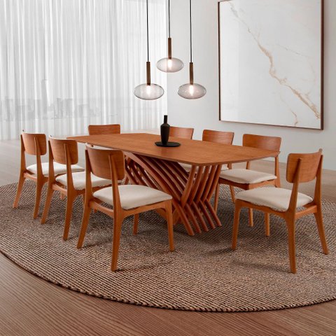 Conjunto Sala de Jantar Mesa Venus Tampo 220cm Laminado Barril e 8 Cadeiras Viena Gold