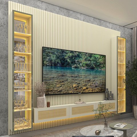 Estante Home para TV até 85 Polegadas Ripado com LED e Vidro Reflecta 100% MDF 250CMX310CM Supremo Native Off White