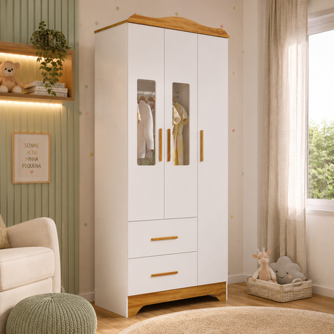 Guarda Roupa Peroba Clara 3 Portas 2 Gavetas Branco Amêndoa