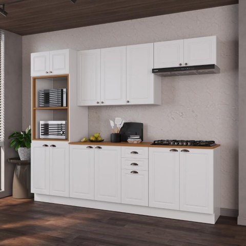 Armário de Cozinha Modulada Completa Fidelitá Nara 100% MDF 5 Peças 270cm 14 Portas 2 Gavetas com