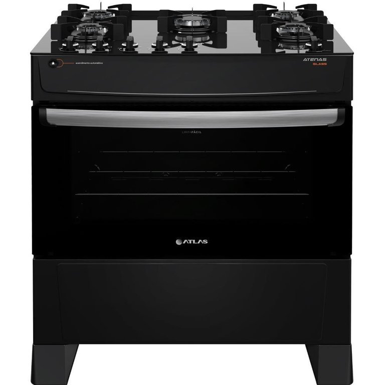 Fogão 5 Bocas Atlas Atenas Glass Preto com Mesa de Vidro Bivolt