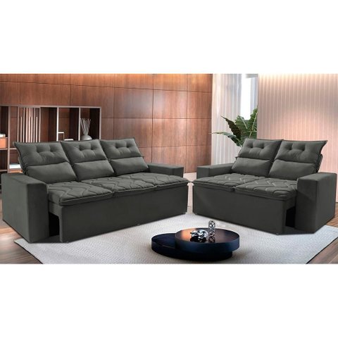 Conjunto de Sofá 3 e 2 Lugares Retrátil e Reclinável 2.00x1.50m Cama Inbox Smal Suede Cinza
