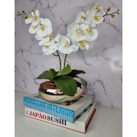 Arranjo Com 2 Orquídeas Branca Vaso Dourado 22cm