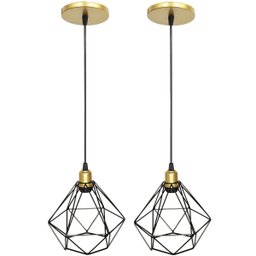 2 Pendentes Aramado Diamante Preto Luminária Lustre Industrial Teto Vintage Dourado Agp Ilumini - 1