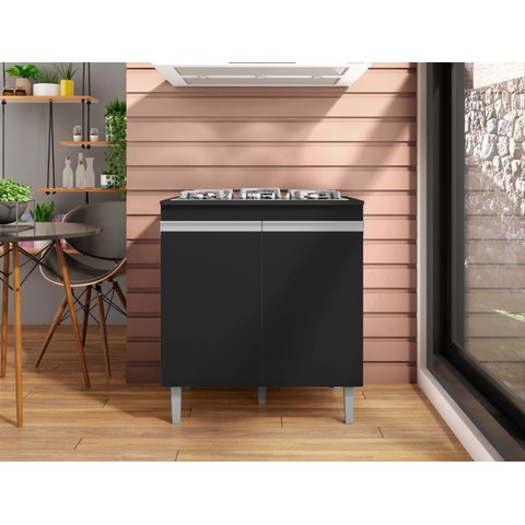 Balcão Armário Cooktop Andréia 79cm 4 ou 5 Bocas 2 Portas - Preto