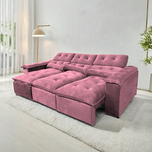 Sofá Retrátil e Reclinável 2,75m em Tecido Veludo C/ Pillow Nos Braços - Montagem Inclusa:rosa