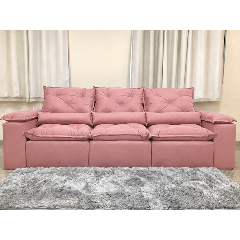 Sofá Retrátil e Reclinável 2,75m em Tecido Veludo c/ Pillow Nos Braços - Montagem Inclusa:Rosa