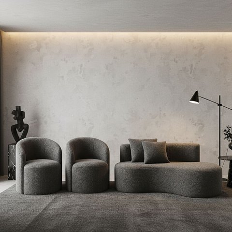 Conjunto Decorativo 02 Poltronas + Sofá Curvo Orgânico Nature Gaia Boucle Cinza - Montanaris Decor