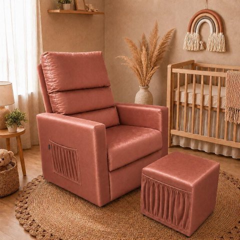 Poltrona Amamentação com Balanço e Puff Reclinável em Veludo Rose Gold Escuro Unitá