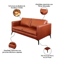 Sofá Decorativo Sala de Estar 2 Lugares 180cm Europa Couro Conhaque - Mozzelar - 2