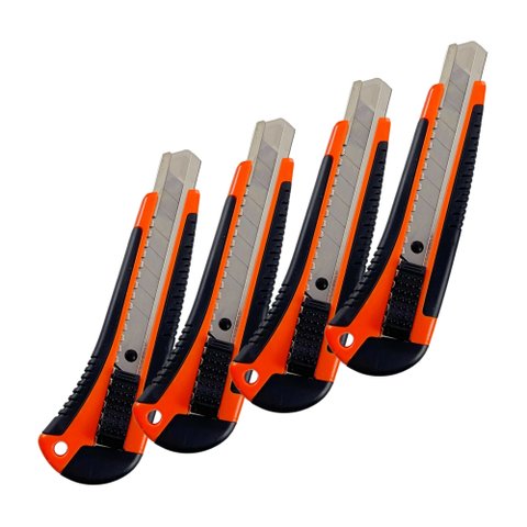 Kit 4 Pçs Estilete Metálico Emborrachado Largo Lâmina 18mm Empacotamento Multiuso