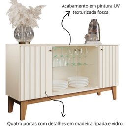 Aparador Buffet 4 Portas Ripado com Vidro Eiffel - Off White / Nature - 3
