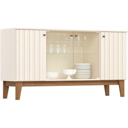 Aparador Buffet 4 Portas Ripado com Vidro Eiffel - Off White / Nature - 7