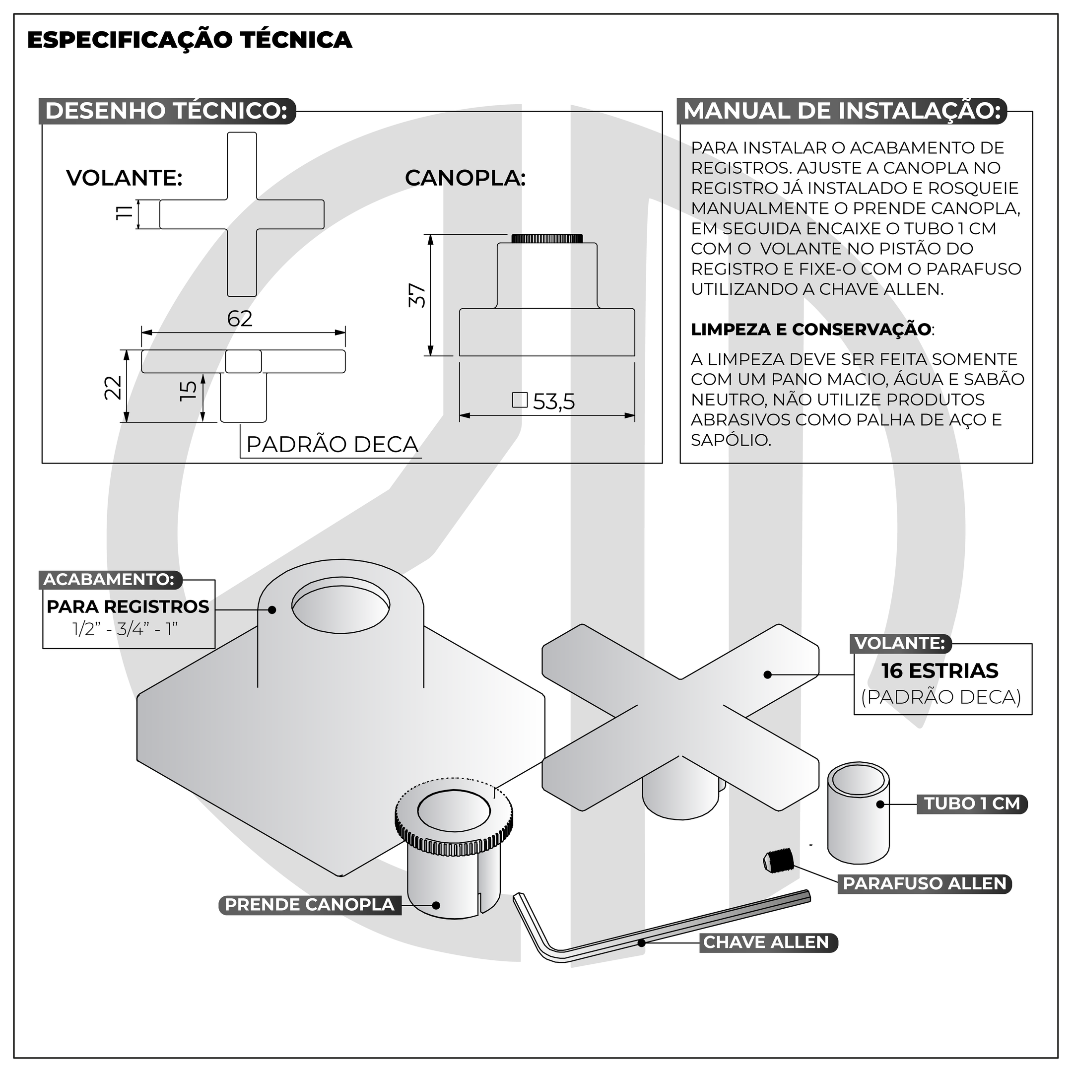 Kit 4 Acabamento Registro Cruzeta Preto Banheiro Padrão Deca - 5