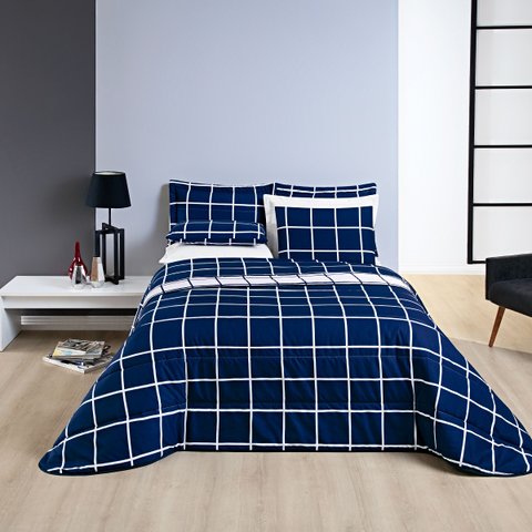 Cobre Leito Colcha Casal 3 peças Micropercal 200 Fios Matelado Dupla Face - Azul Marinho e Branco