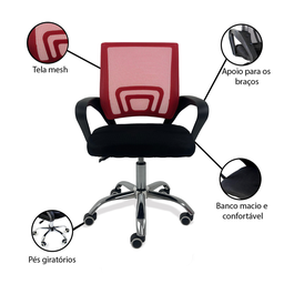 Kit 2 Cadeiras de Escritório Begonia Tela Mesh Ergonômica Giratória - Preto e Vermelho - 6