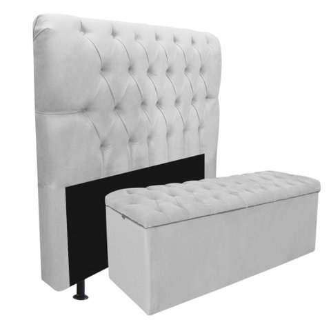 Kit Cabeceira + Calçadeira Baú Capitonê Livia 90cm Solteiro para Cama Box Corino Branco - Gat Magazi