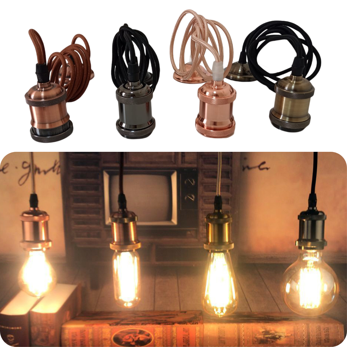 Pendente De Teto Rústico Retrô Vintage De Metal 2M Decorativo Soquete Bocal E27 Com Fio Cabo Em Teci