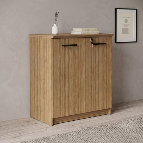 Balcão Armário Escritório Multiuso Baixo 70cm com Chave Tampo de 25mm Office Marrom/Amêndoa/Preto